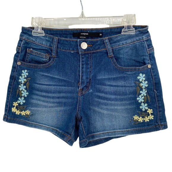 Harper Floral Embroidered Jean Shorts Size 28 Medium Wash Stretch Denim - Picture 1 of 7